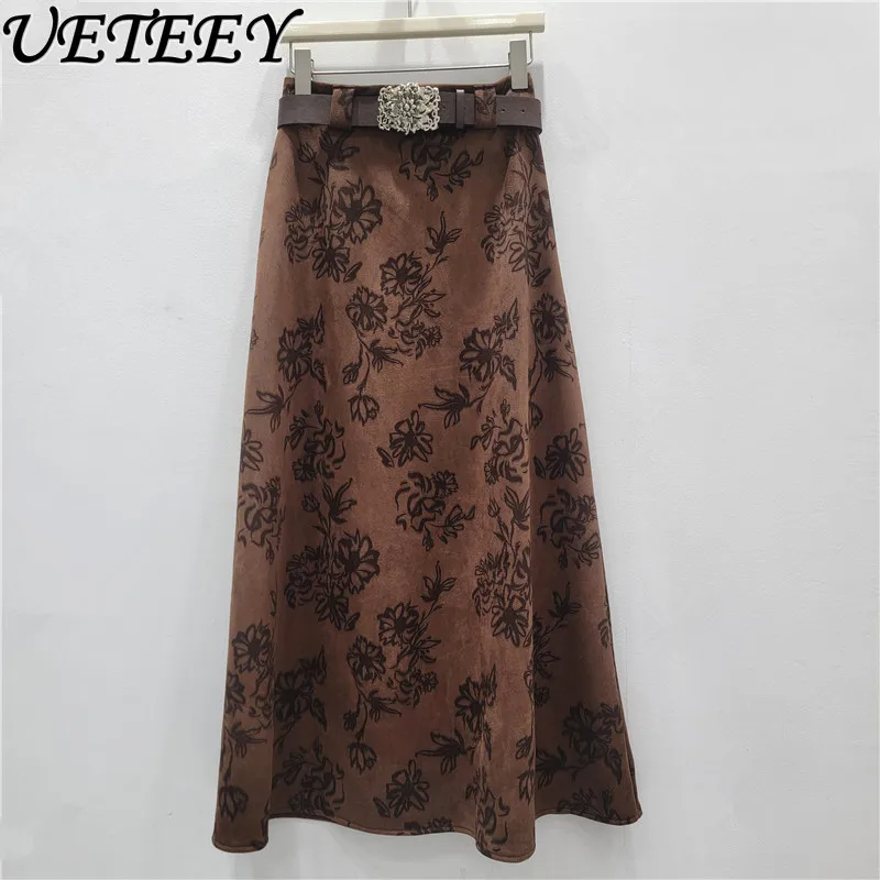 

2025 Autumn Winter New Retro A-line High Waist Hip Skirt Female Fashion Versatile Printed Long Skirt with Belt for Women Faldas