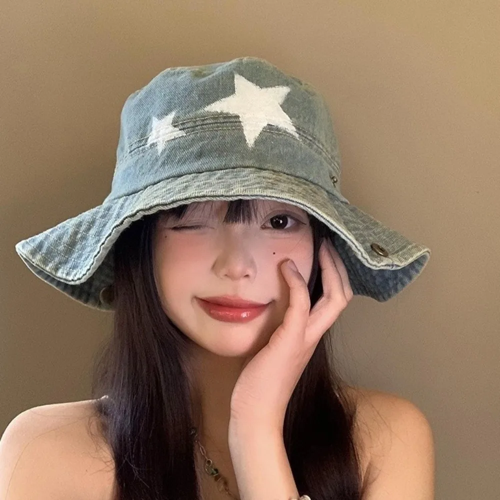 

Kawaii Denim Star Fisherman Hat Wide Brim Adjustable Western Cowboy Hat Sunshade Y2K Outdoor Sun Hat Travel