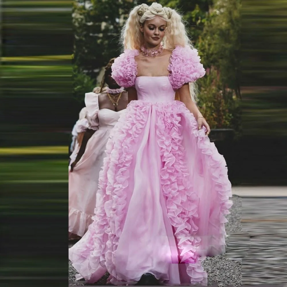 Abiti da ballo principessa rosa baby con volant quadrati maniche corte abito da laurea in tulle robes de soirée abiti da compleanno carini