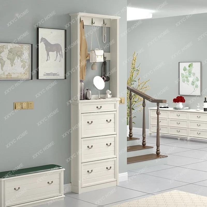 Pure solid wood small apartment tipping bucket shoe cabinet with coat rack white porch shoe rack cabinet at the door of the home
