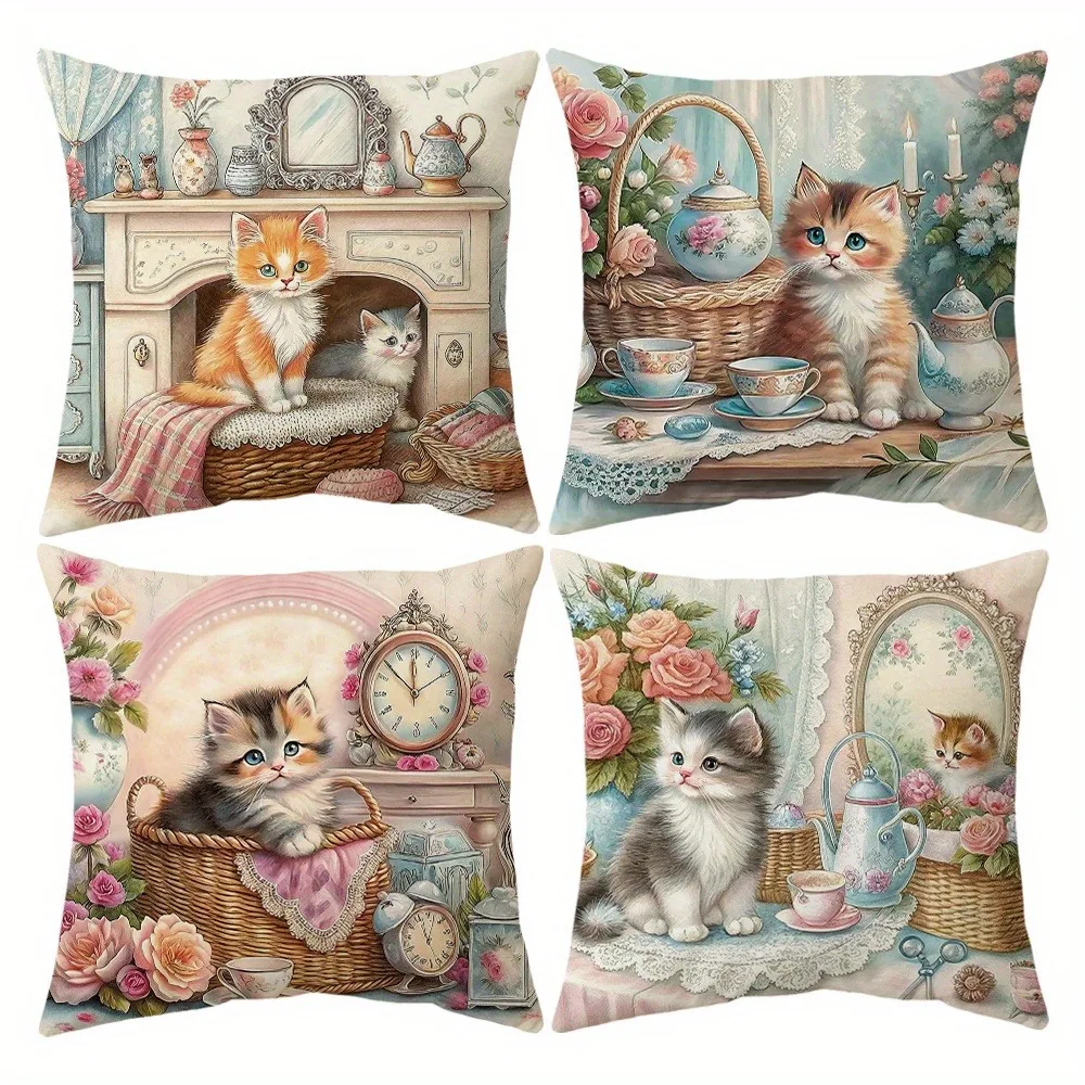 Vintage Style Kitten Tea Time Pillow Covers Living Room Sofa Cushion Cover Soft And Comfortable Bedroom Room Decoration