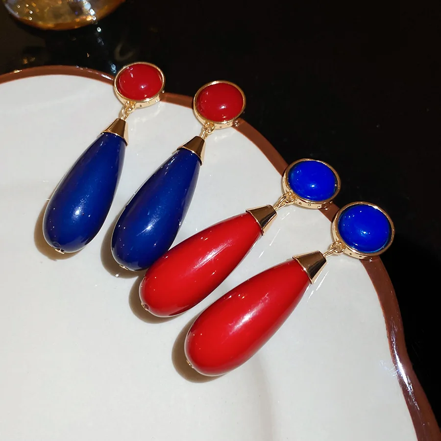 Red Blue Color-block Water Drop Resin Dangle Earrings for Women Vintage Round Dripping Oil Pendant Earrings Party Jewelry Gift K