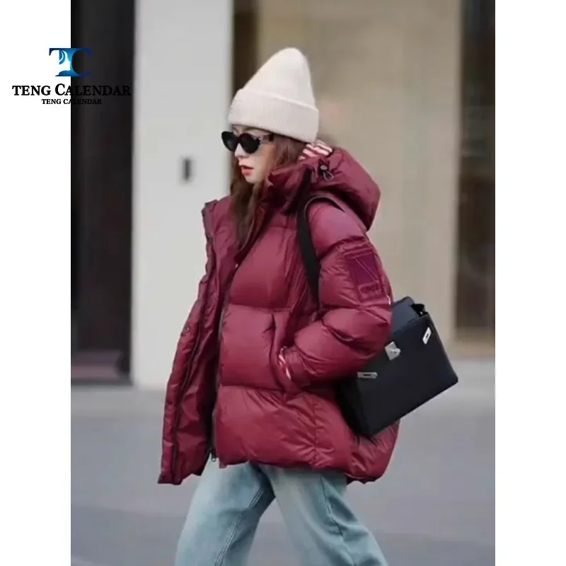 Winter Cotton Jacket for Women, Red, High-End and Skin Friendly, Chic Hooded Loose Down Jacket, New Style