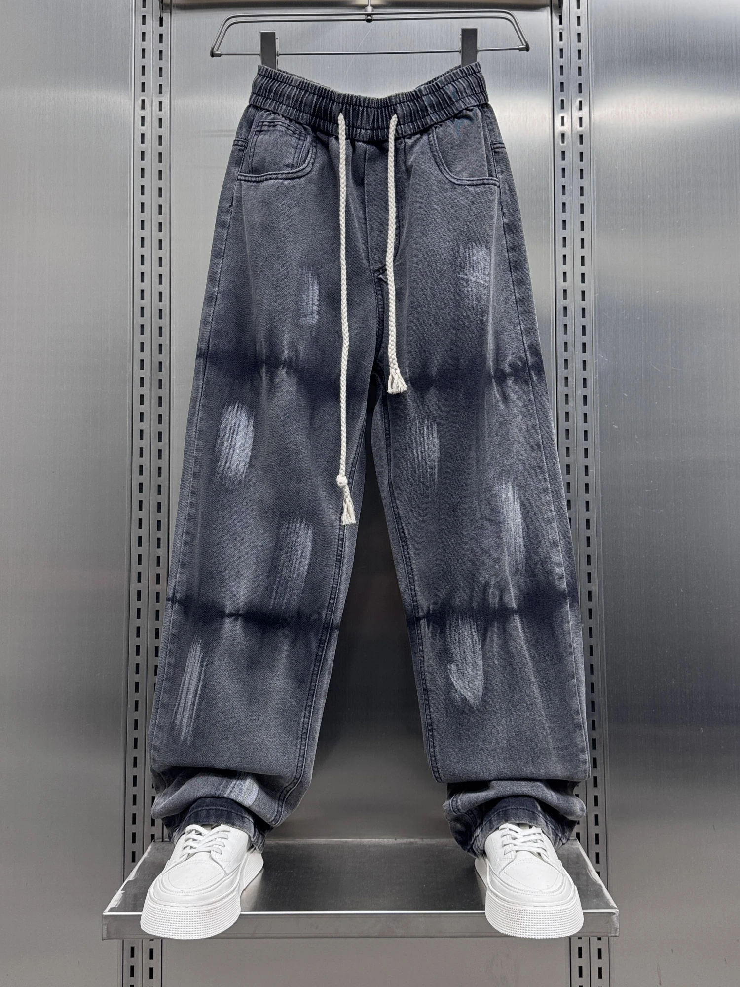 

Мужские джинсы в американском стиле хип-хоп, модные, весенние, свободные, повседневные, прямого кроя, длинные брюки с эффектом окрашивания, модный бренд