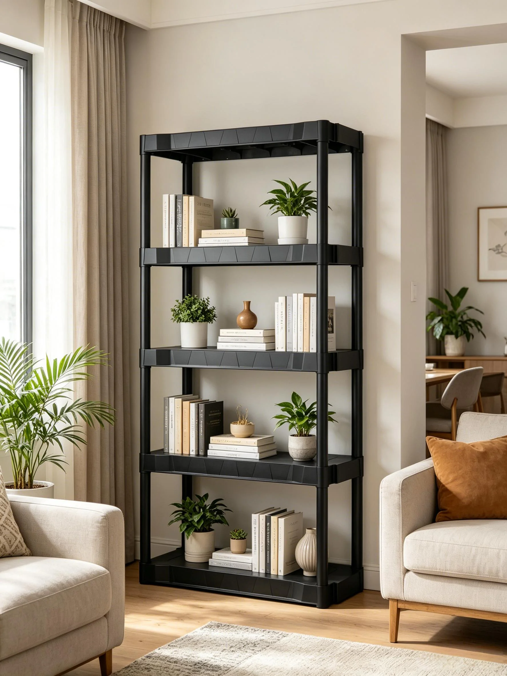 Black Plastic 4-Tier Shelving Unit 280 Lb Capacity 56.2x30x13.8 Inches - Storage Organizer Rack for Home Office