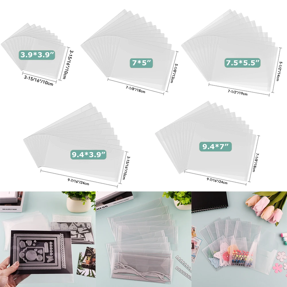 10pcs/set Clear Stamp Die Storage Bag 3.9*3.9/5*7/5.5*7.5/3.9*9.4/7*9.4inch Resealable Plastic Envelopes Pockets for DIY Storage