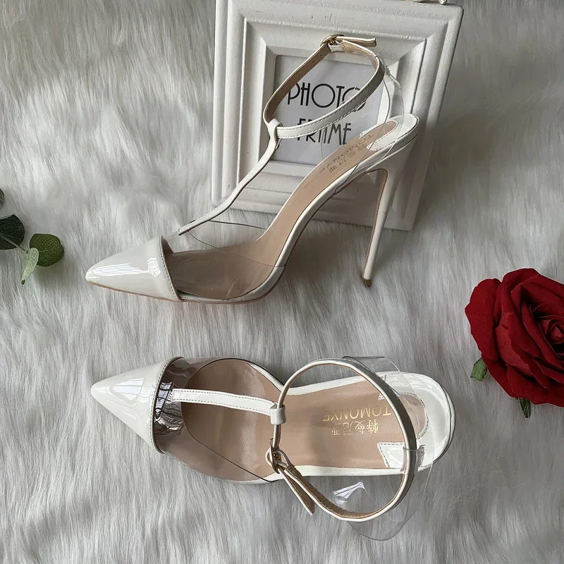 

Super Hot Little Fresh White Lacquer Leather Splicing Transparent Film PVC Pointed T with Foot Ring Buckle Women's High Heels