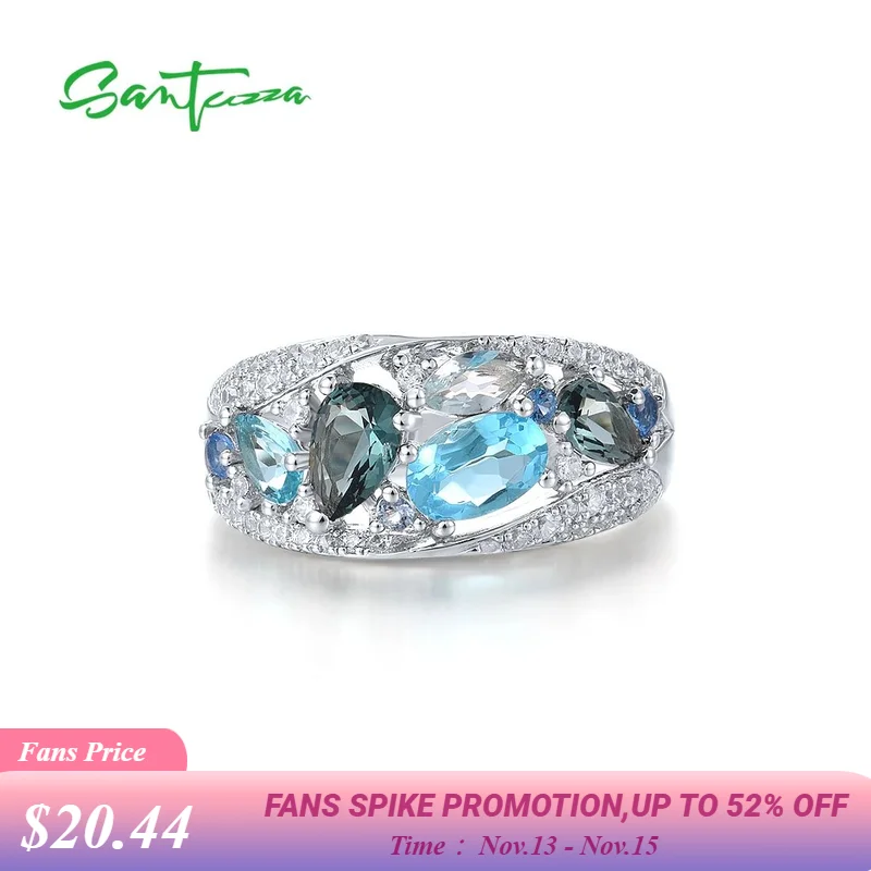 

SANTUZZA серебряные кольца для женщин, чистое серебро 925 пробы, сверкающие синие камни, белый кубический цирконий, великолепные модные ювелирные изделия