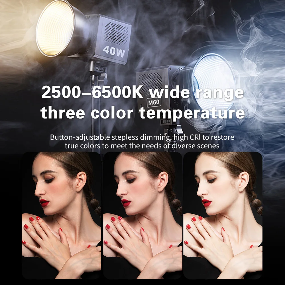 40W 60W COB Video Light Photographic LED Light CRI90+ 2700-7500K Bi-Color Video Ligh Professional Studio Light for Camera Video