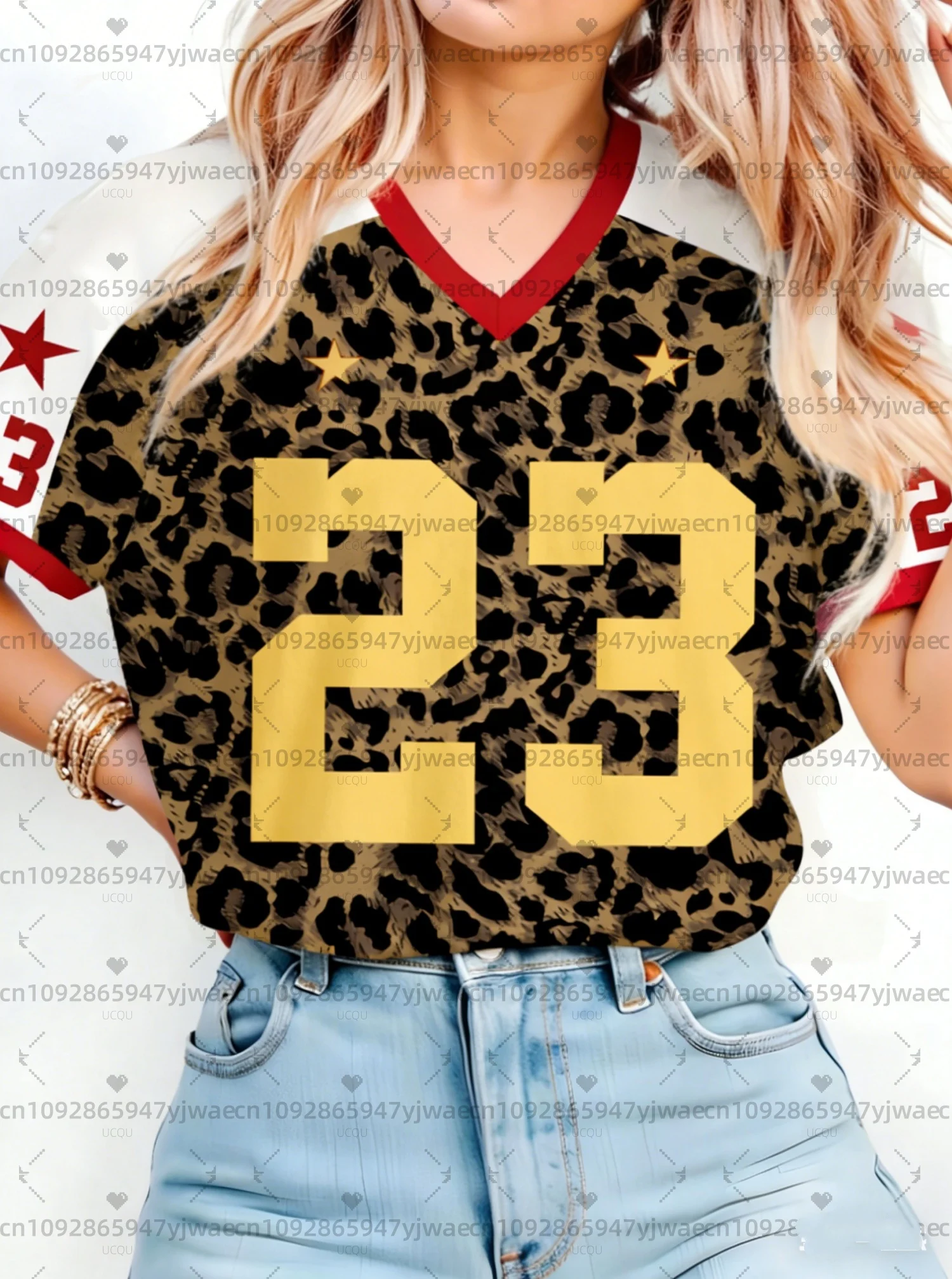2026 Summer Women No.23 Leopard Print Short Sleeve T Shirt Man V Neck Brooklyn Racing Football Tee Vintage Casual Women Clothes