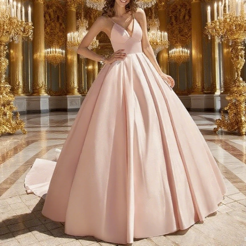 

Ball Gown Wedding Dress Sexy Satin Simple V-neck Spaghetti Straps Court Train Sexy Wedding Gown Vestidos De Novia Customized