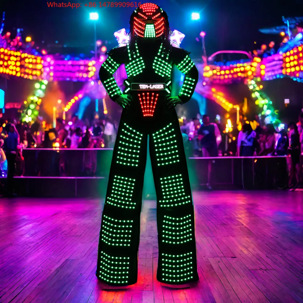 LED Luminous Robot CostumeAdult LED Robot Costume With Stilts LED Suit Helmet Gloves CO2 Jet Machine For Stage WearingCustomiz