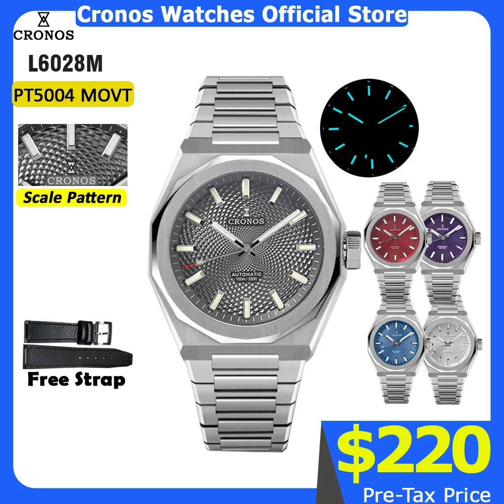 Cronos Luxury Men Watch 39mm Automatic PT5000 Wristwatches Scale Pattern Sapphire 10ATM See-through Back Grey Dial