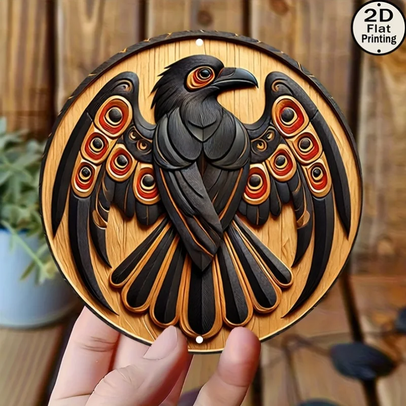 1 Stück Vintage-Raven-Metallschild, rund, 2D-Flachdruck, schwarzes und rotes Feder-Design, traditionelle zeitgenössische Wandkunst für Zuhause,