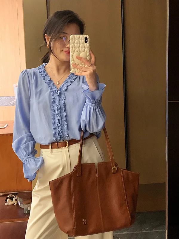 

Summer New Style Loose V-neck Shirt Elegant Wooden Trim 100% Lyocell Fabric Women's Casual Shirt Slimming Effect