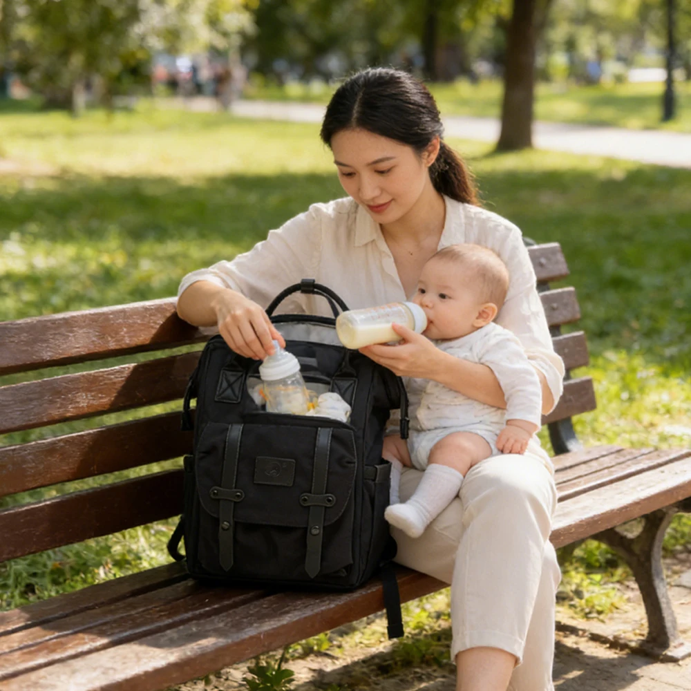 Mommy Bag Baby Diaper Bag Large Capacity Storage Backpack For Outside Waterproof Universal Stroller Bag USB Charge Black