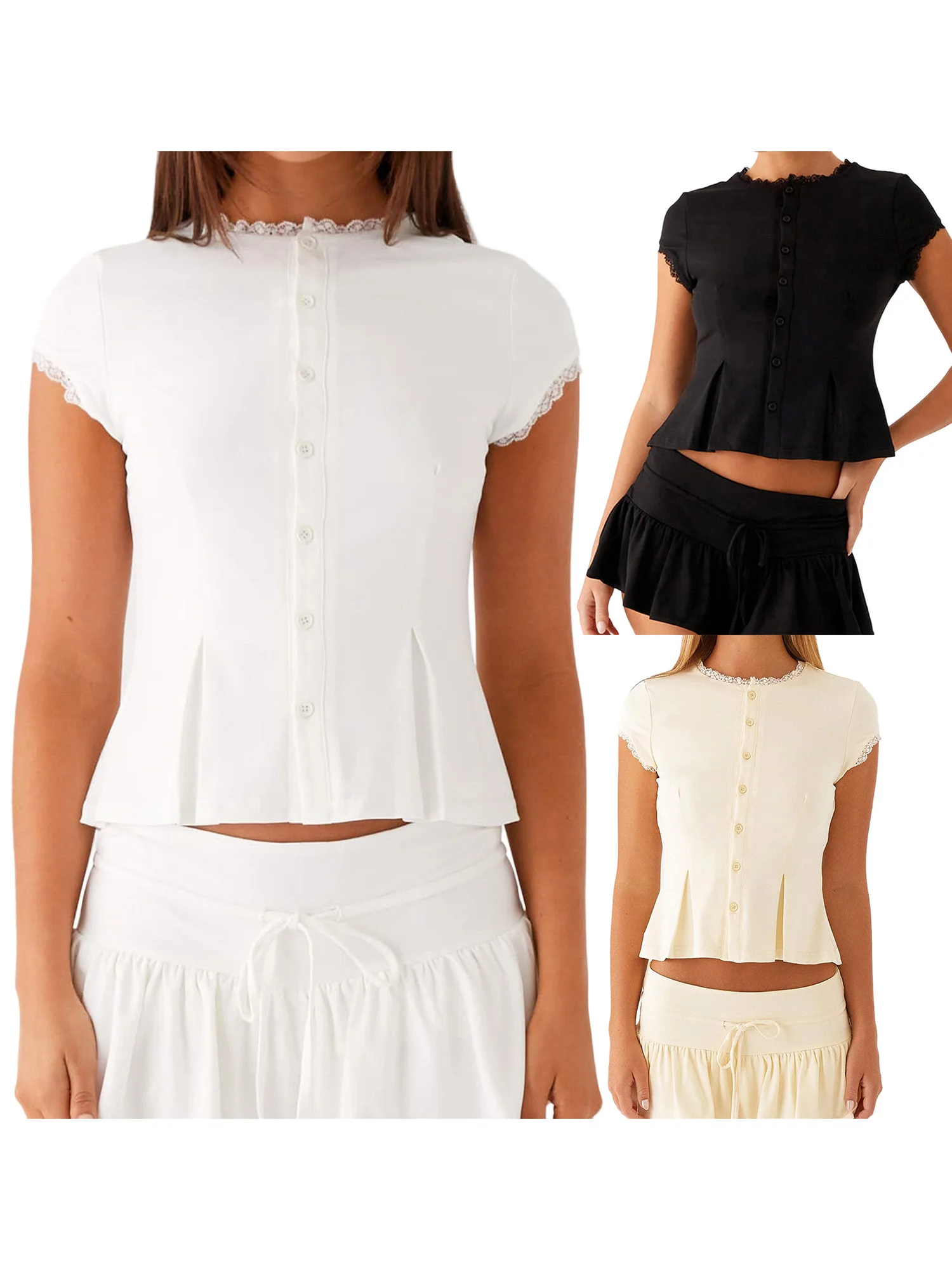 Elegante Bluse aus floraler Spitze mit Rüschen, Flügelärmeln und Knopfleiste vorne – stilvolles Hemd mit Rundhalsausschnitt für Damen