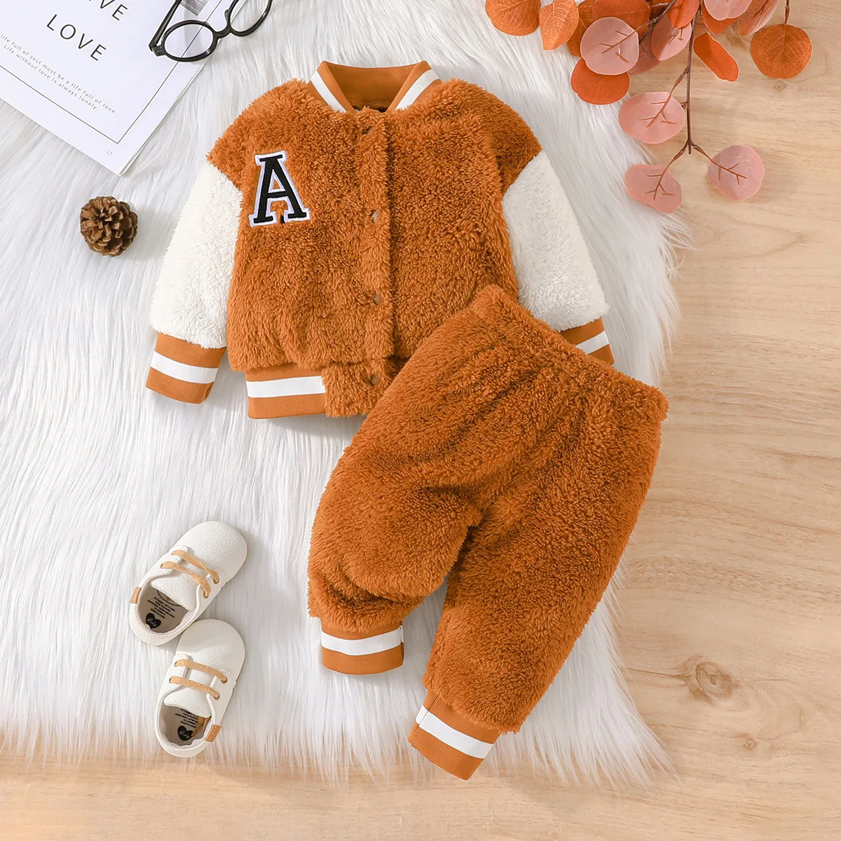 2024 New Clothing Set Girls Long Sleeve O Neck Fleece Letter Brown Pants Cute 2 Pcs Sets Casual Girls Clothes Sets 0-2