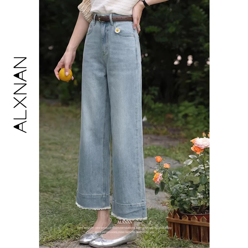 

ALXNAN Women's Blue Jeans New Spring Straight Wide-Leg Baggy Pants with Lace Trim Loose-fit Casual Cotton Denim Pants L61393A