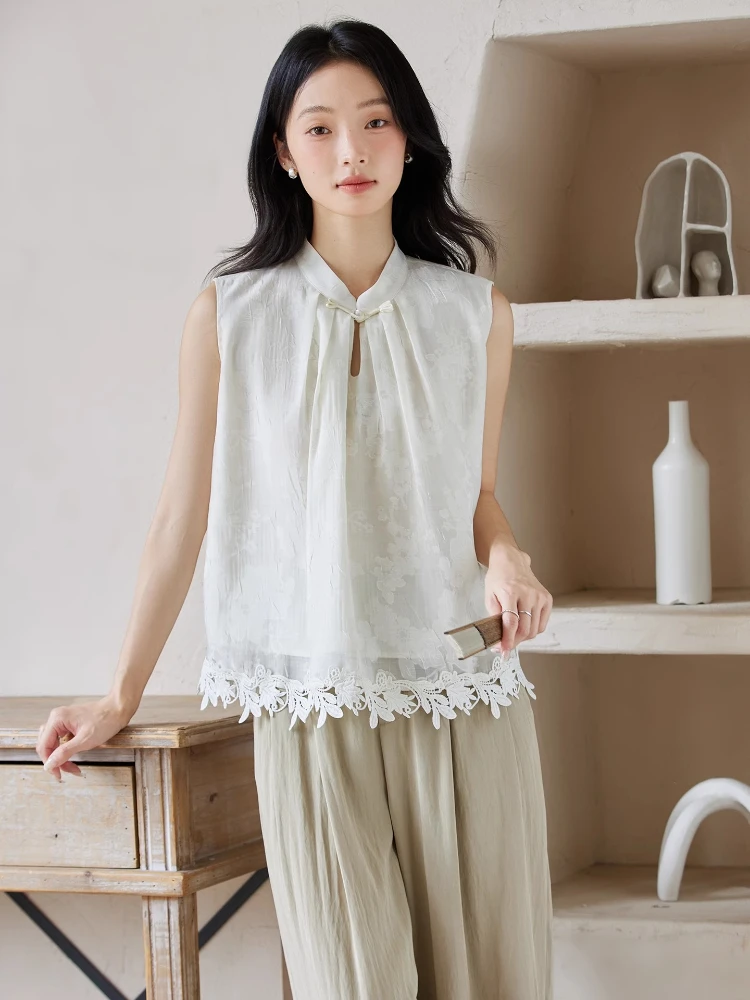 VIMLY Apricot Floral Blouse Women's Chinese Style 2025 Summer Sleeveless Stand Collar Lace Hem Ladies Shirt Summer Clothes A2555