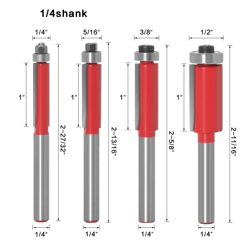 1/4Pc 6mm 1/4" Shank Flush Trim Router Bits End Mill For Wood Lengthened Trimming Cutters With Bearing Woodworking Tool End Mill