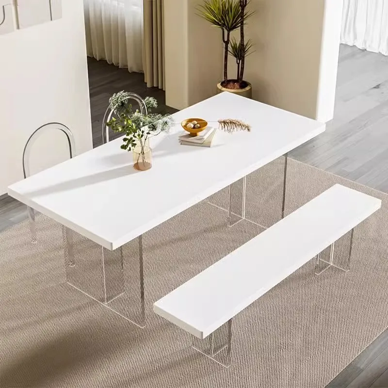 

Cream wind acrylic suspended solid wood dining table and chair combination designer bench minimalist small apartment pure white