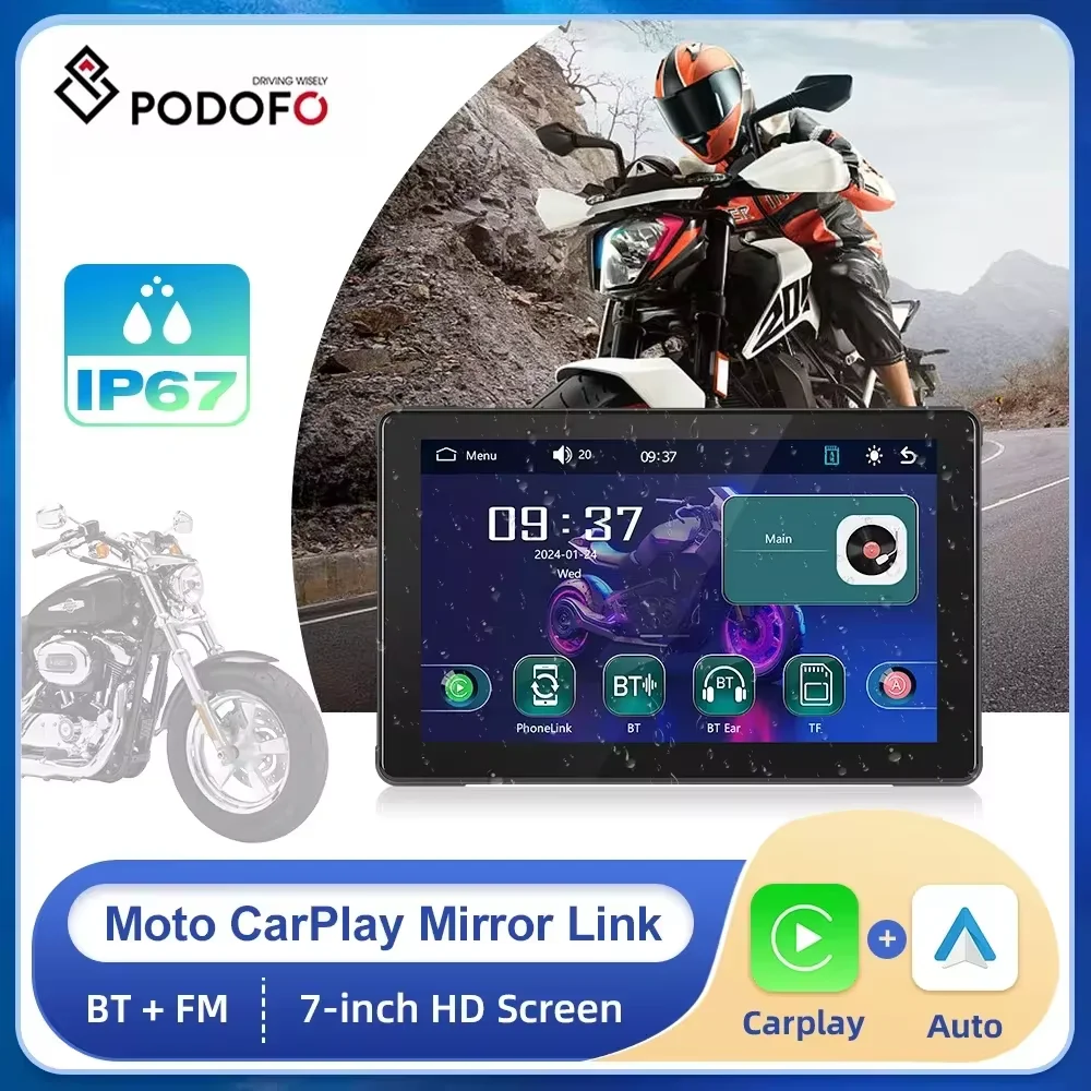 Podofo 7” Motorcycle Carplay Portable Smart Player Wireless Carplay Android auto Motorcycle Monitor IP67 Waterproof Bluetooth