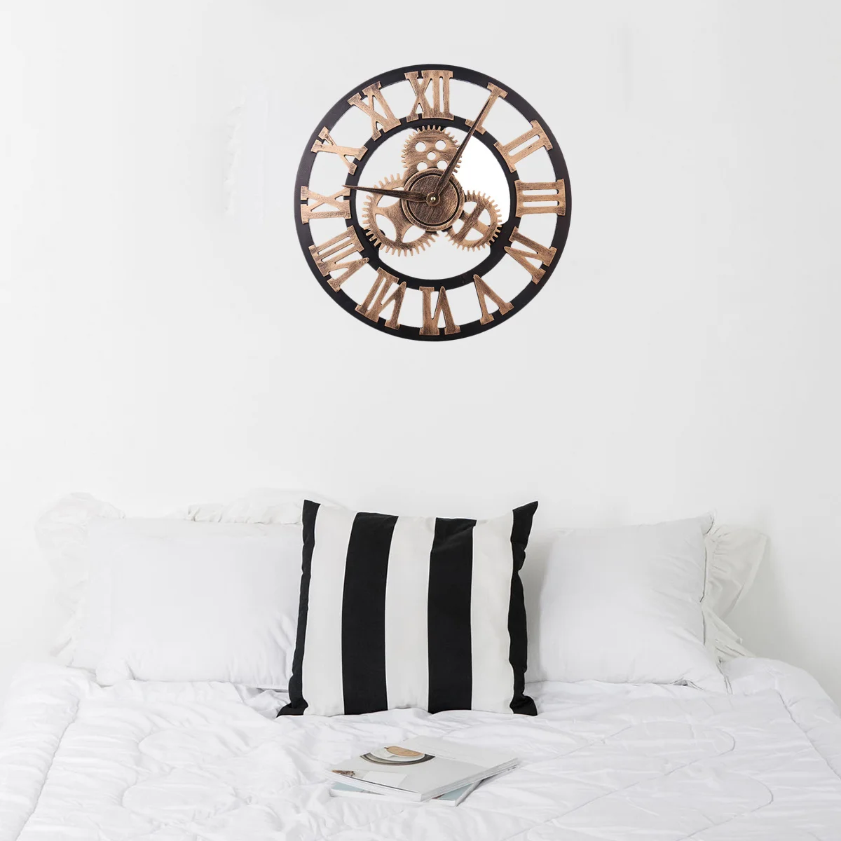 

Vintage 3D Gear Roman Numerals Wooden Wall Clock Retro Silent Sweep Rustic Decor Bedroom Office Living Room Gift 40cm