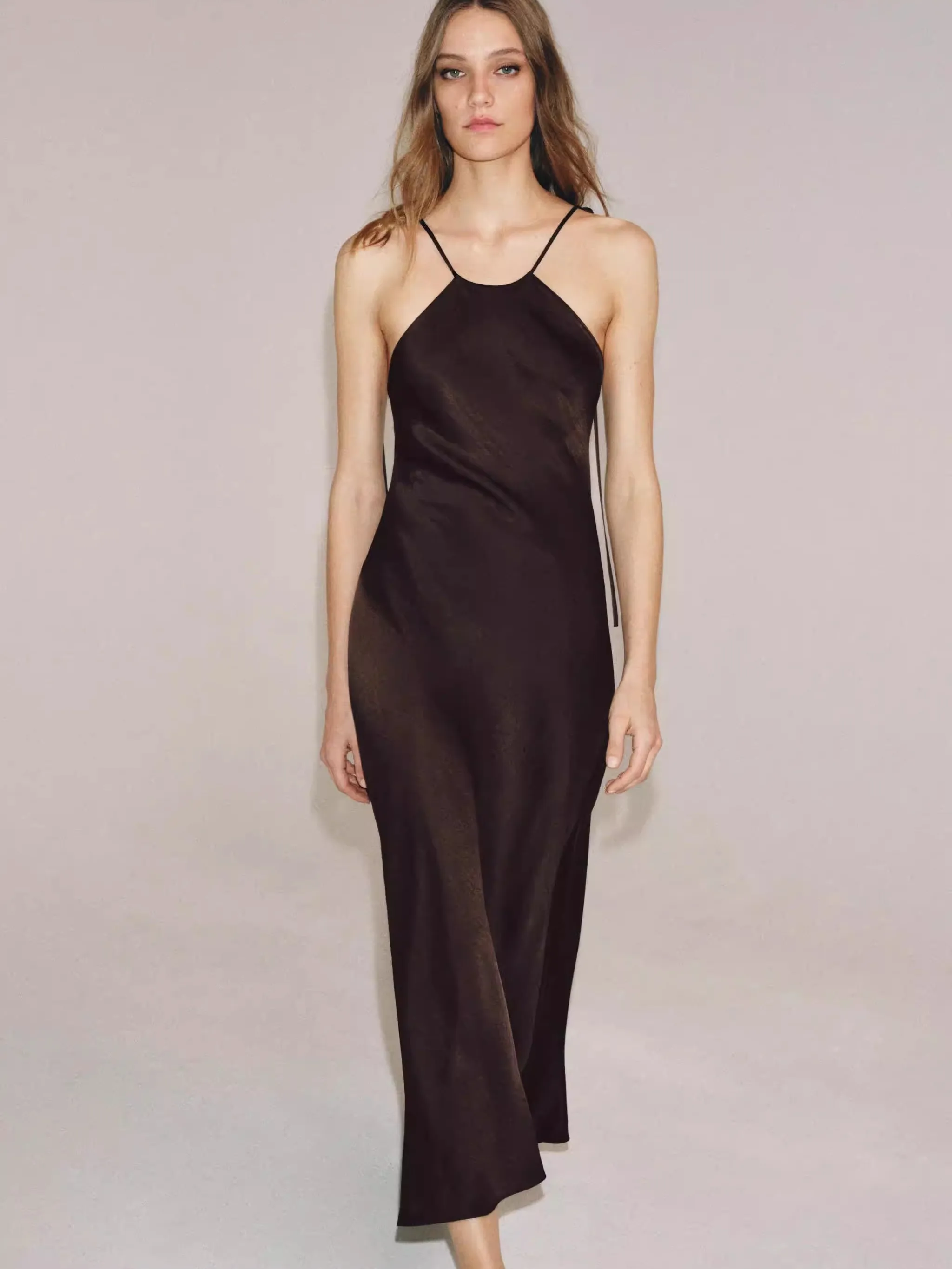 

Sexy Sleeveless Silk Satin Feel Collarless Dress ZA2026 Summer New Women's Fashionable Gown for 18-25 Years Old Women