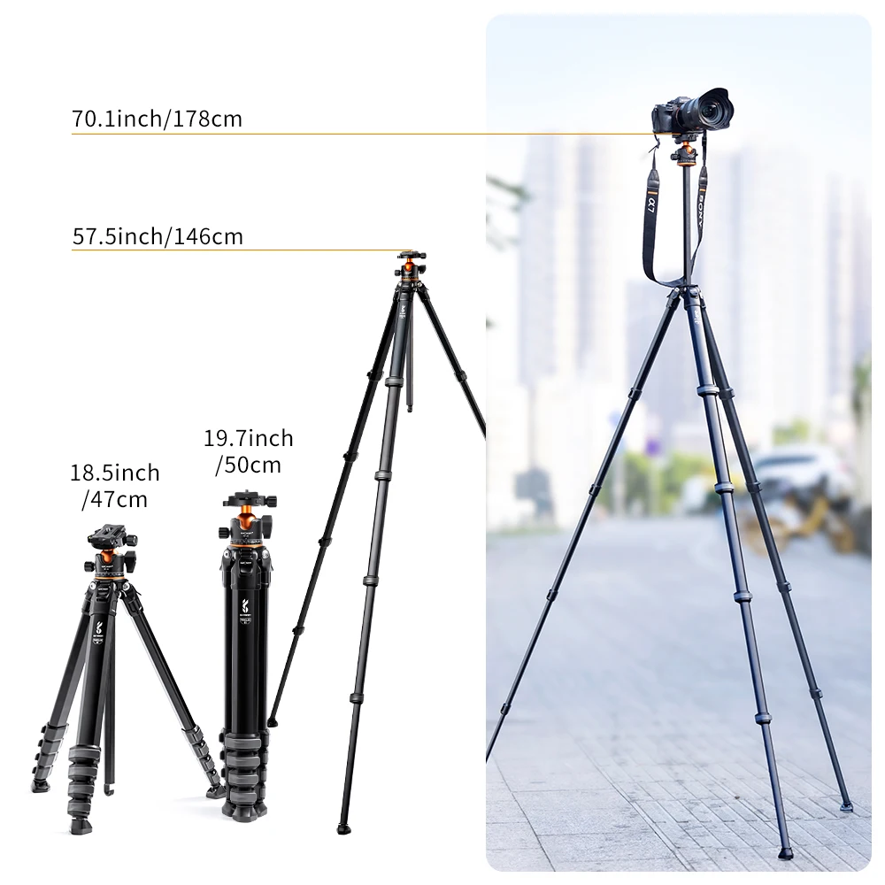 K&F Concept Ompact Travel Tripod Aluminium Camera Tripod 15kg 33lbs Load 70\