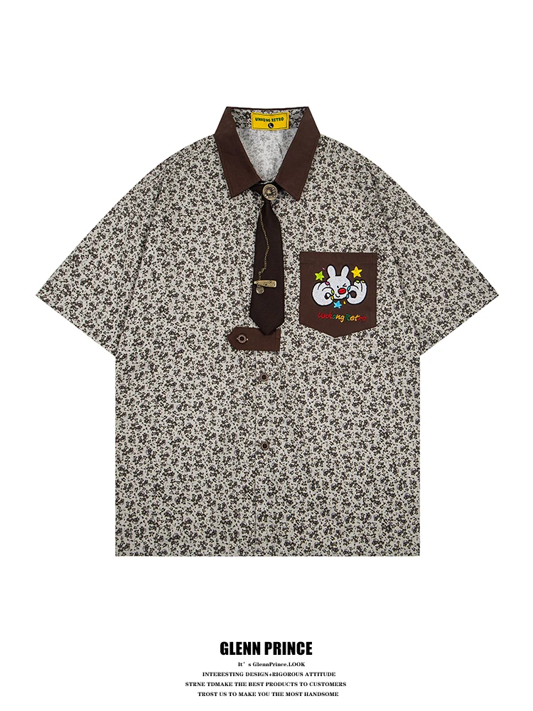 

American Vintage Floral Tie Shirt Short Sleeve Unisex 2026 New Small Design Casual Breathable Polyester Youth Summer Shirt