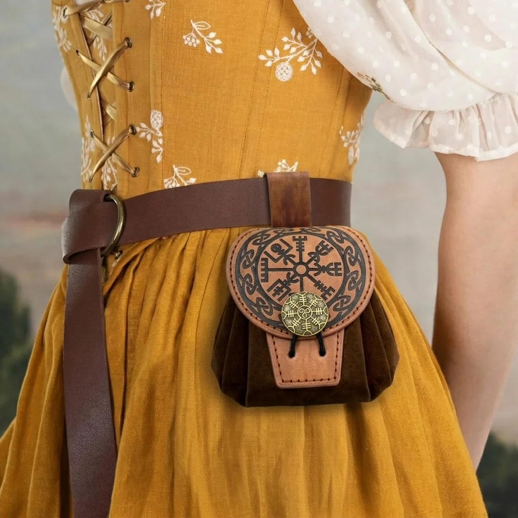 Medieval Embossed Pu Leather Belt Bag, Retro Portable Waist Pouch Coin Purse Dice Bag For LARP Renaissance Fairs