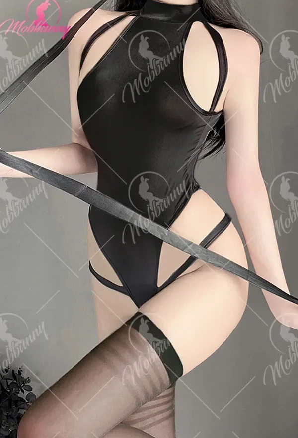 

MOBBUNNY Women's Sexy Lingerie Set Cutout Halter Crotchless Bodysuit with Rope and Stockings Black One Size