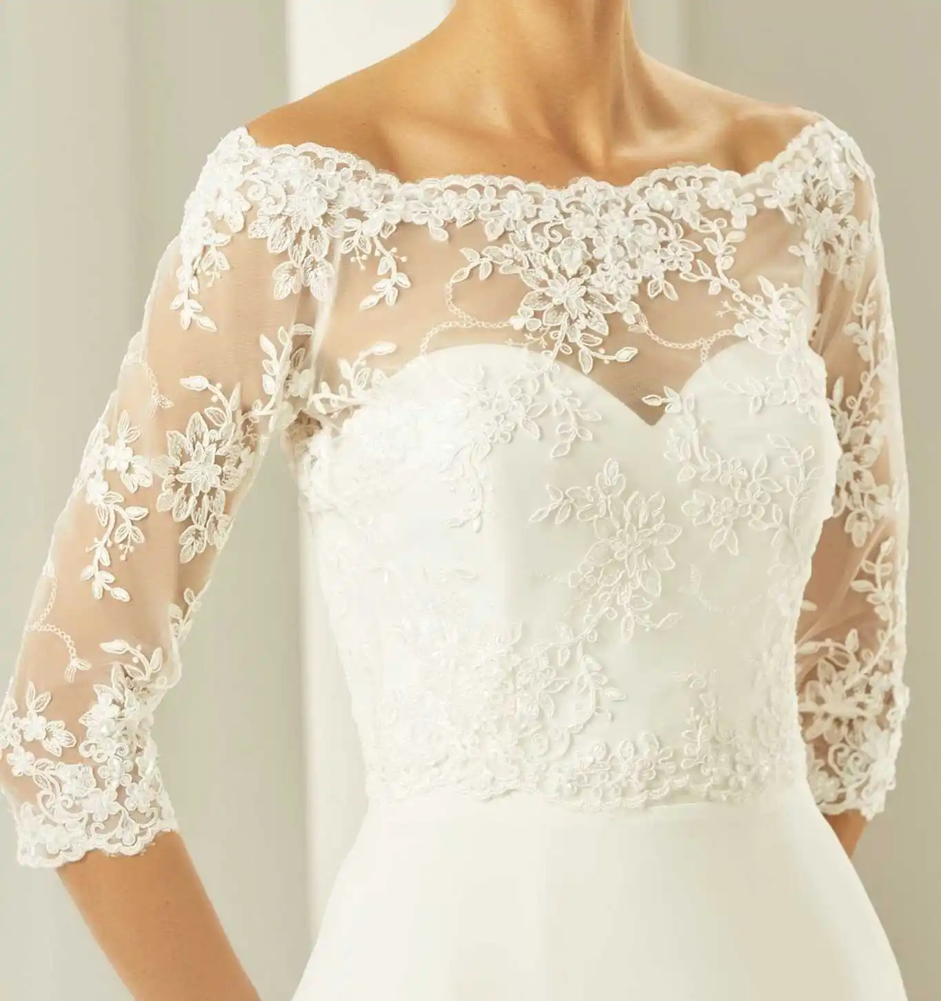 Ilusão Três Quartos Manga Envoltório Jaqueta, Sheer Lace Button Jaquetas Noiva, O Neck Manto Nupcial, Alta Qualidade Acessórios Do Casamento