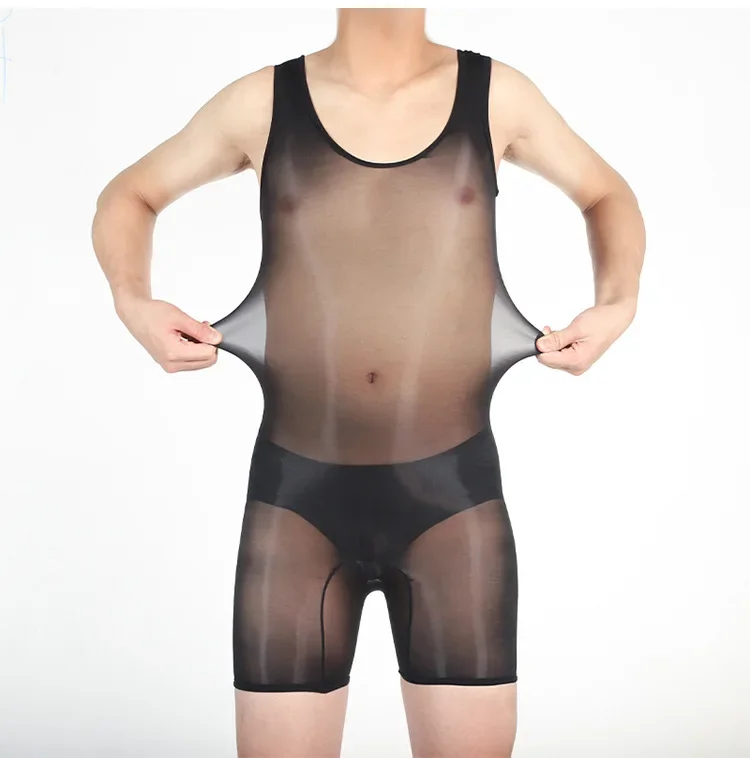 Men Sexy Oil Shiny Bodysuits Glossy Tank Rompers Gay High Stretchy Bodystocking Sex Lingerie Male See Through Jumpsuits
