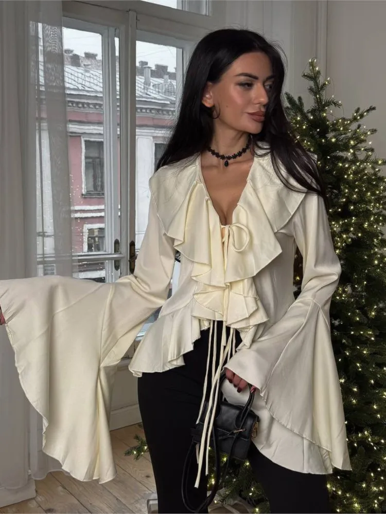 

2025 Spring Ruffles Blusas Flared Sleeve Long Sleeve Tops Solid Color T Shirt Tees Slim All-match Simple Style Commuting French