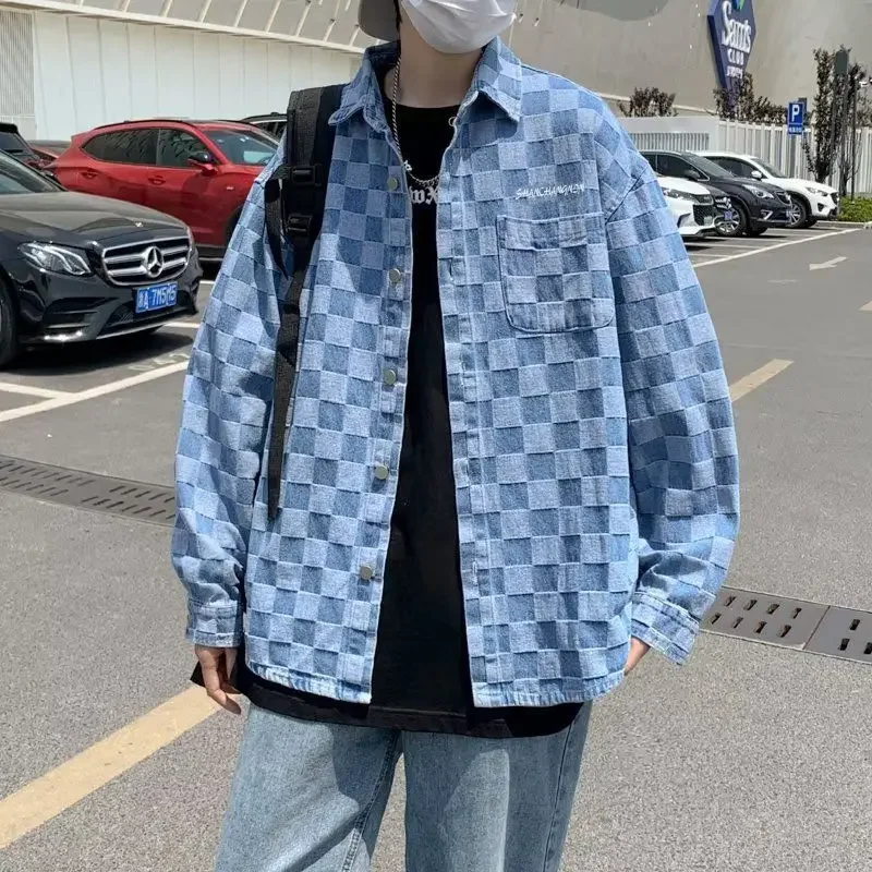 

Мужская джинсовая куртка в синюю клетку, фирменная мужская одежда, быстрая доставка, потертый Джокер по самой низкой цене, мужские джинсовые пальто, популярная корейская одежда