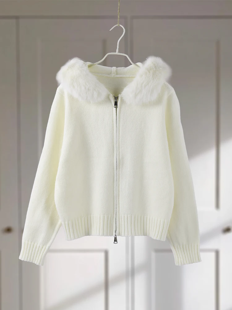 

Осень-зима 2022, женский вязаный меховой кардиган с капюшоном, двойная молния, свитер с длинными рукавами, модный теплый однотонный универсальный трикотаж