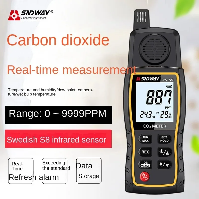 

SNDWAY Digital CO2 METER SW-723 Carbon Dioxide Gas Detector Handheld 0-9999PPM Industrial/Household 3In1 Tester Thermohygrometer