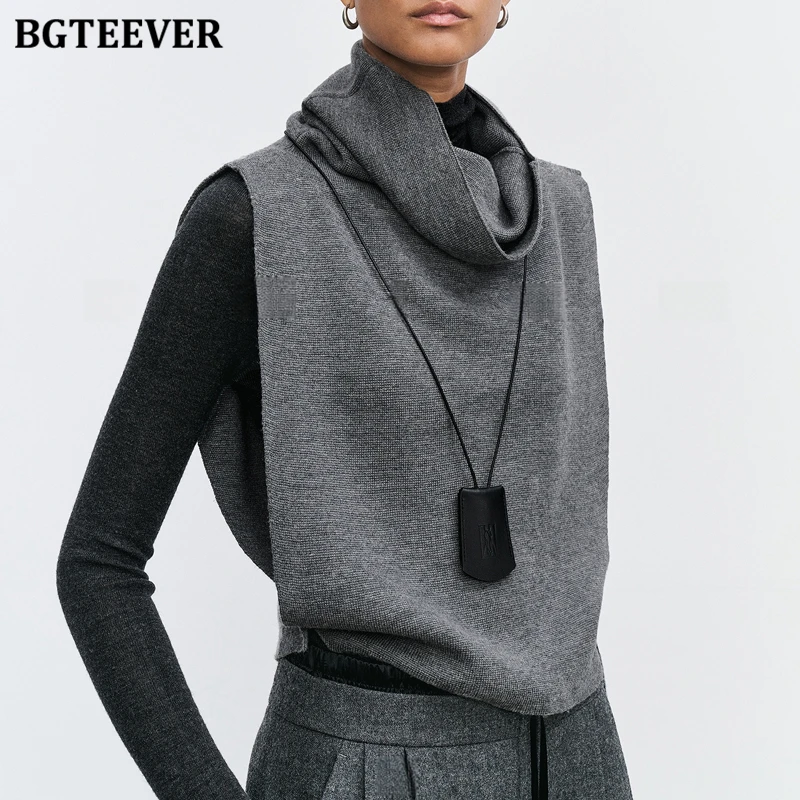 BGTEEVER Autumn Winter Stylish Women Turtleneck Vests Elegant Loose Sleeveless  Knitted Sweaters Jumpers Female