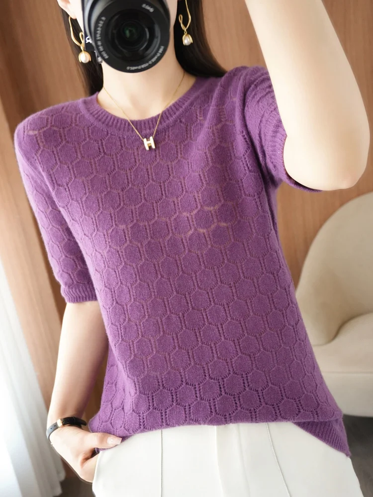 100% Merino Wool Women\' Sweater Spring Summer O-Neck Cellular Solid Color Hollow Out Pullover Short Sleeved Higt-Quality Tops