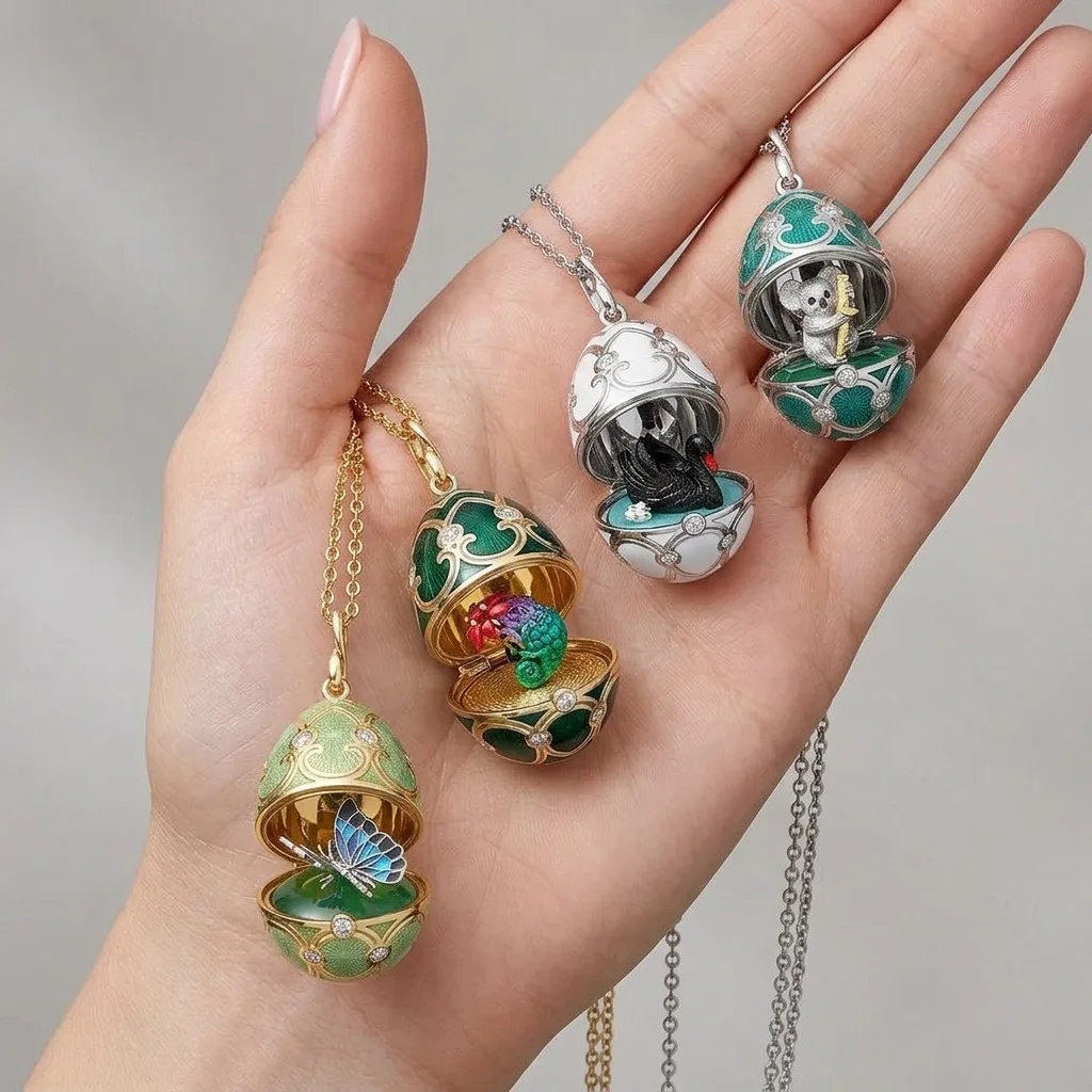 Vintage Openable Enamel Egg Pendant Necklace Russian Style Hidden Animal Inside Butterfly Chameleon Black Swan Koala Daily Wear