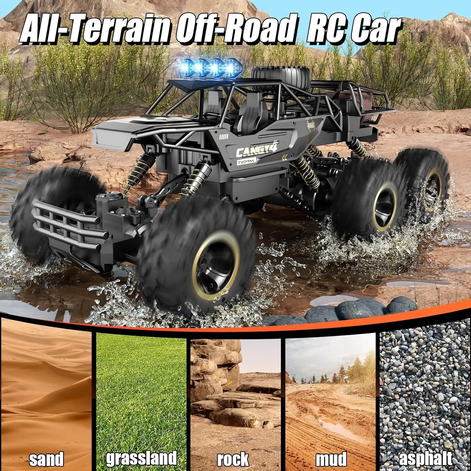 6 Wheel Remote Control Monster Truck, Large Size RC Rock Crawler with 2 Rechargeable Batteries, Durable Metal Body & LED Headlights, Toys for Boys Ages 4-7, 8-12 Kids & Adults