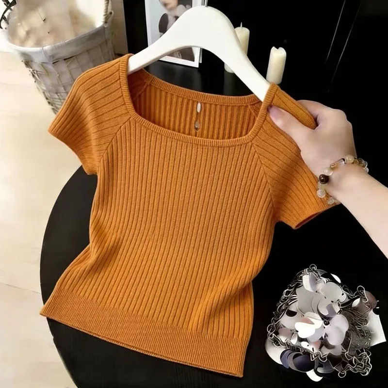 

2026 Knitted Sweater Women Pullovers New Summer Short Sleeve Square Collar Knit Sweater Pullover Women Tops Women Clothing Q4304