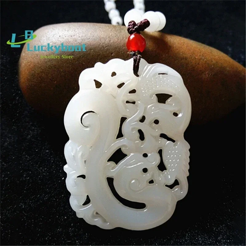 Natural Hetian Jade Hollow Dragon Phoenix Jade Pendant Necklace for Men or Women Hand Carved Weeding Auspicious Jewelry Dropship