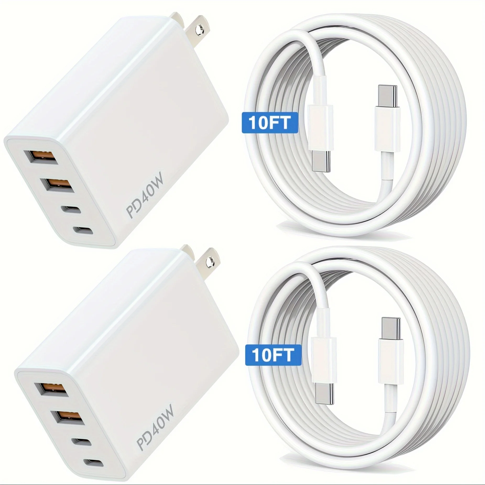 For Fast Charging, 40W 4-Port Dual USB-C & USB-A Charger With10FT USB C To C Charging Cable For IPhone 15 Pro Max/15 Pro/15 Plus