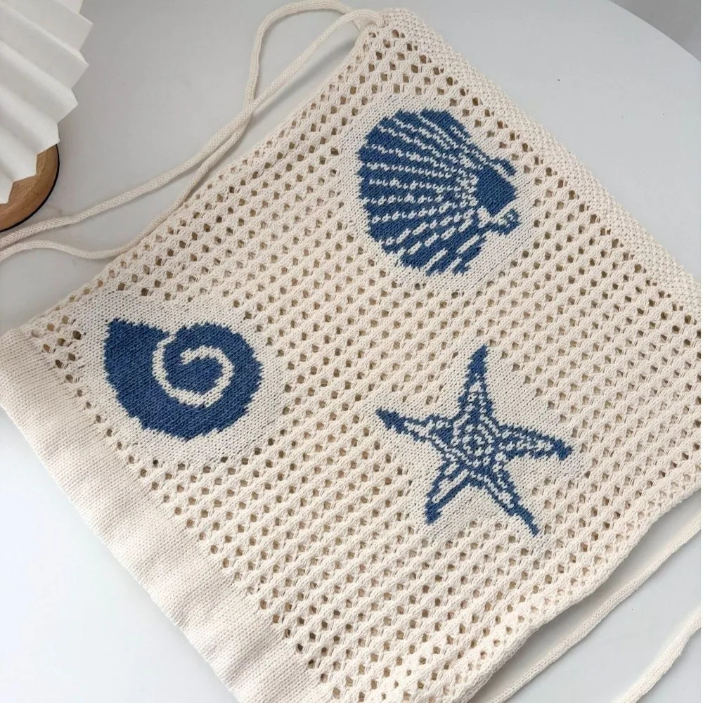Starfish Embroidery Hollow-Out Backpack Shell Large Capacity Woven Shoulder Bag Travel Storage Bag for Beach Vacation