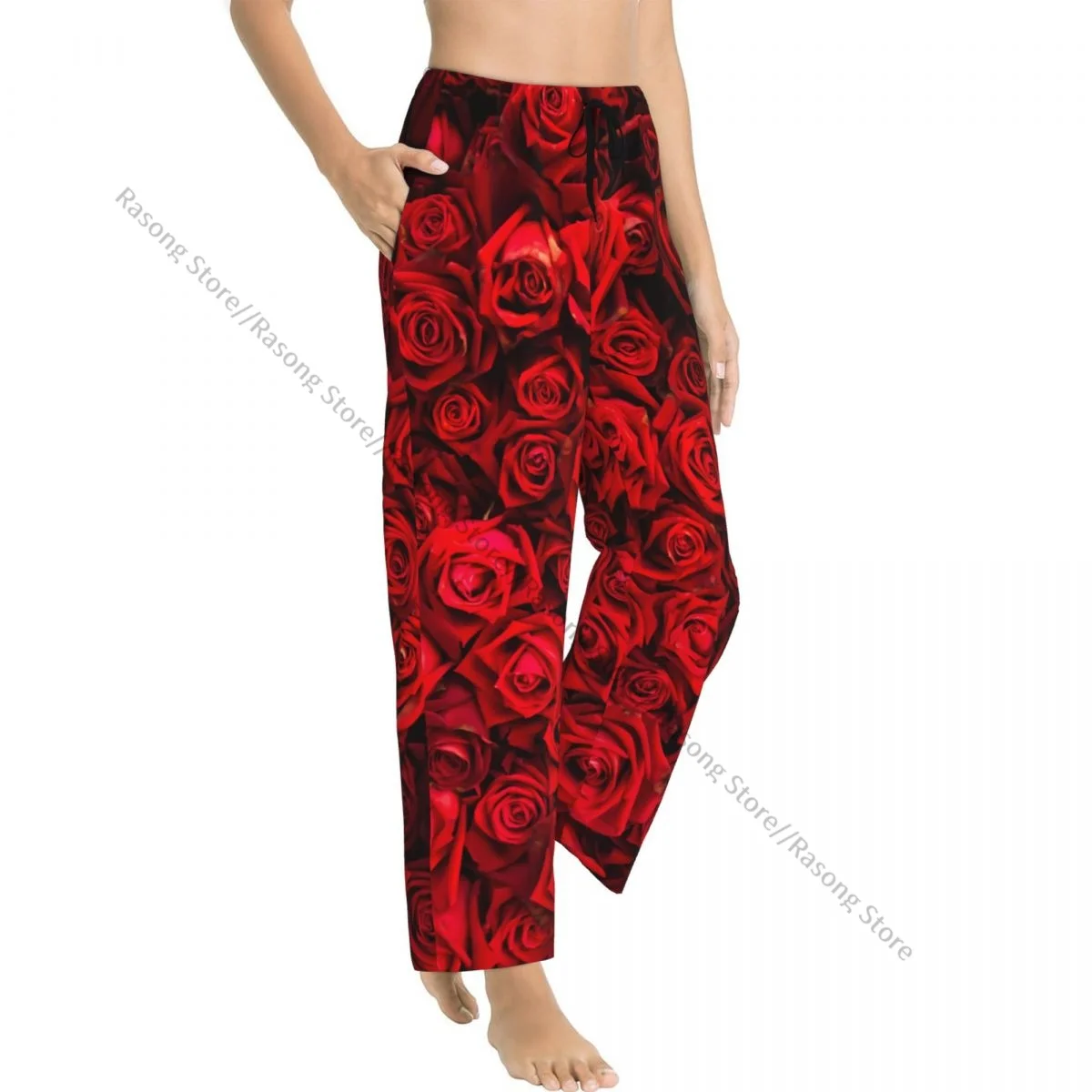 Red Natural Roses Women Sleep Pants Warm Flannel Lounge Pants for Winter Nights