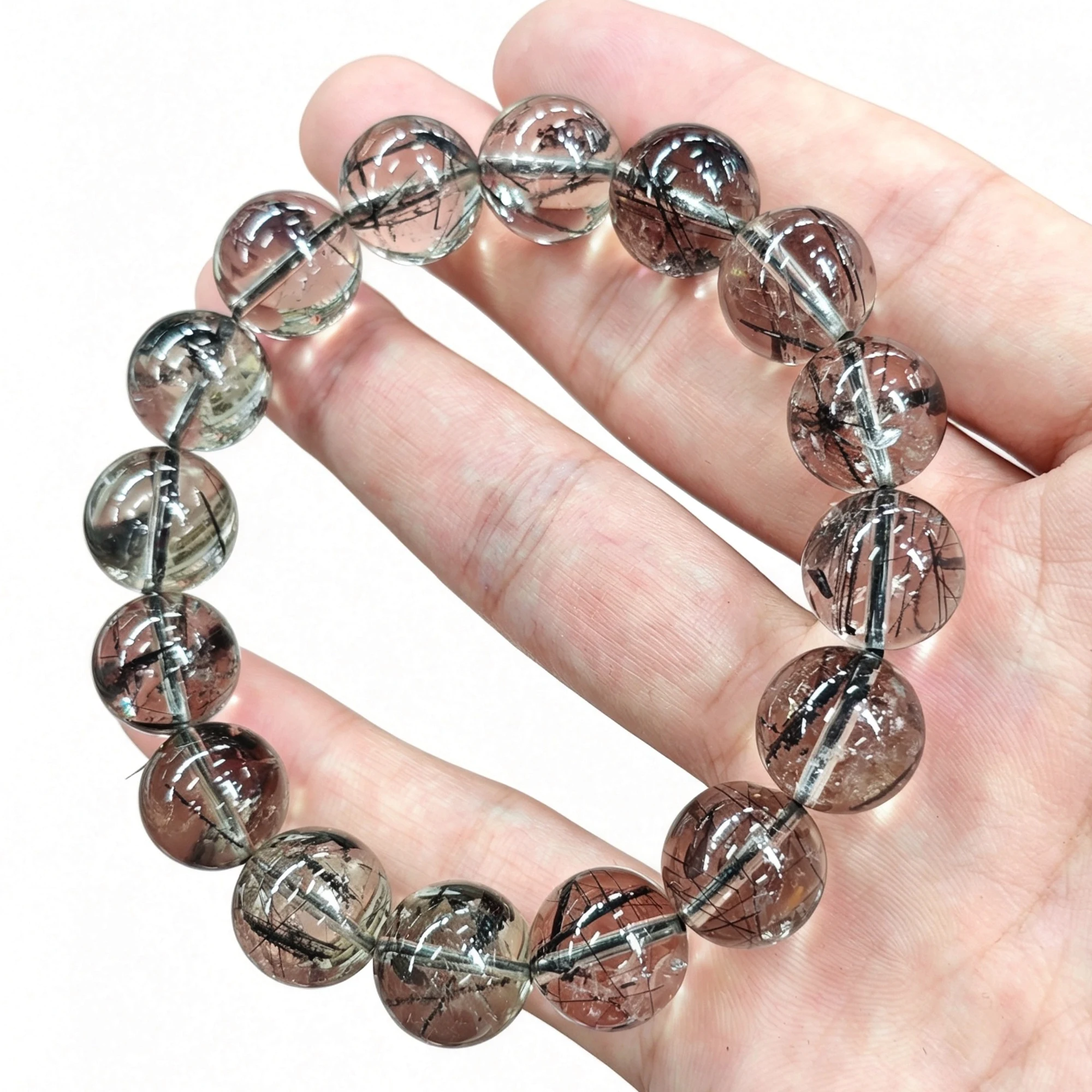 Natural Tourmalinated Quartz Gemstone Bracelet Smooth Dark Base Black Hair Needle Crystal Stretch Bracelet Gift Random 1 Pc