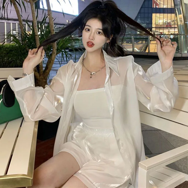 2023 Spring Summer Thin Silk Blouse Women Pure Desire Style Pearly-Lustre See Through Shirts Korean White Sun Protection Shirt